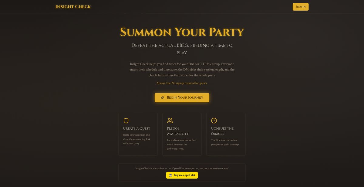 The Insight Check session scheduler for tabletop groups